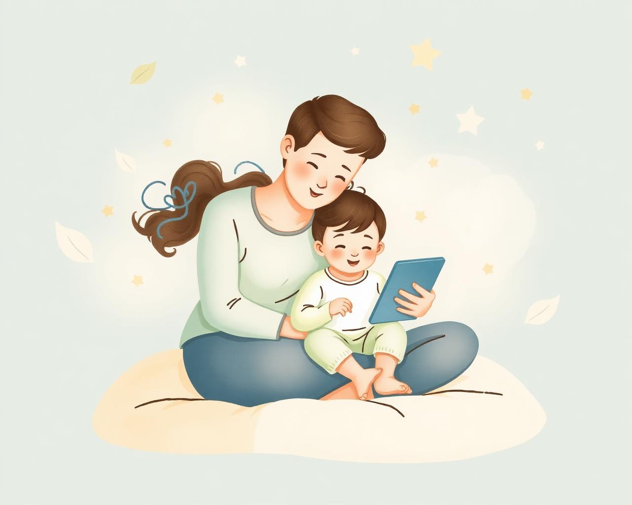 Parent and child looking at a tablet together, warm watercolor illustration